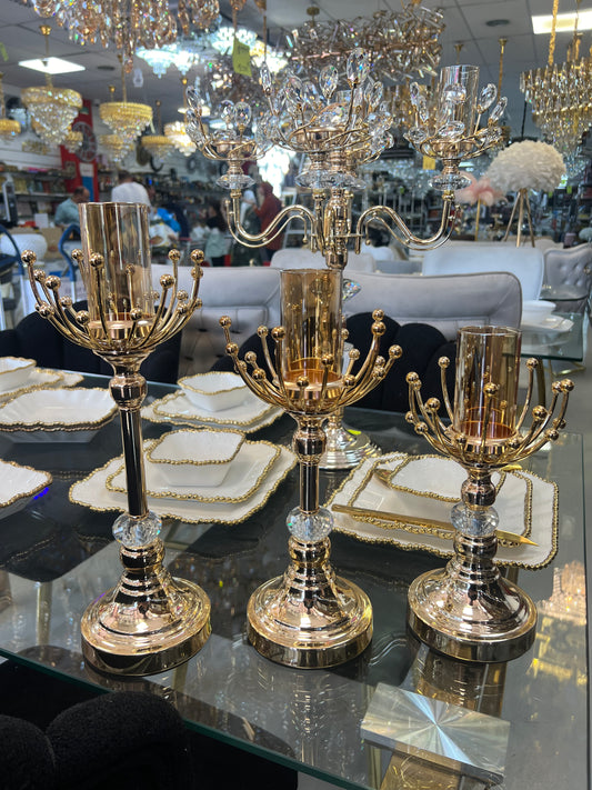 Set de 3 Portavelas de Metal Dorado y Cristal con Diseño Moderno – 25 cm, 30 cm y 35 cm
