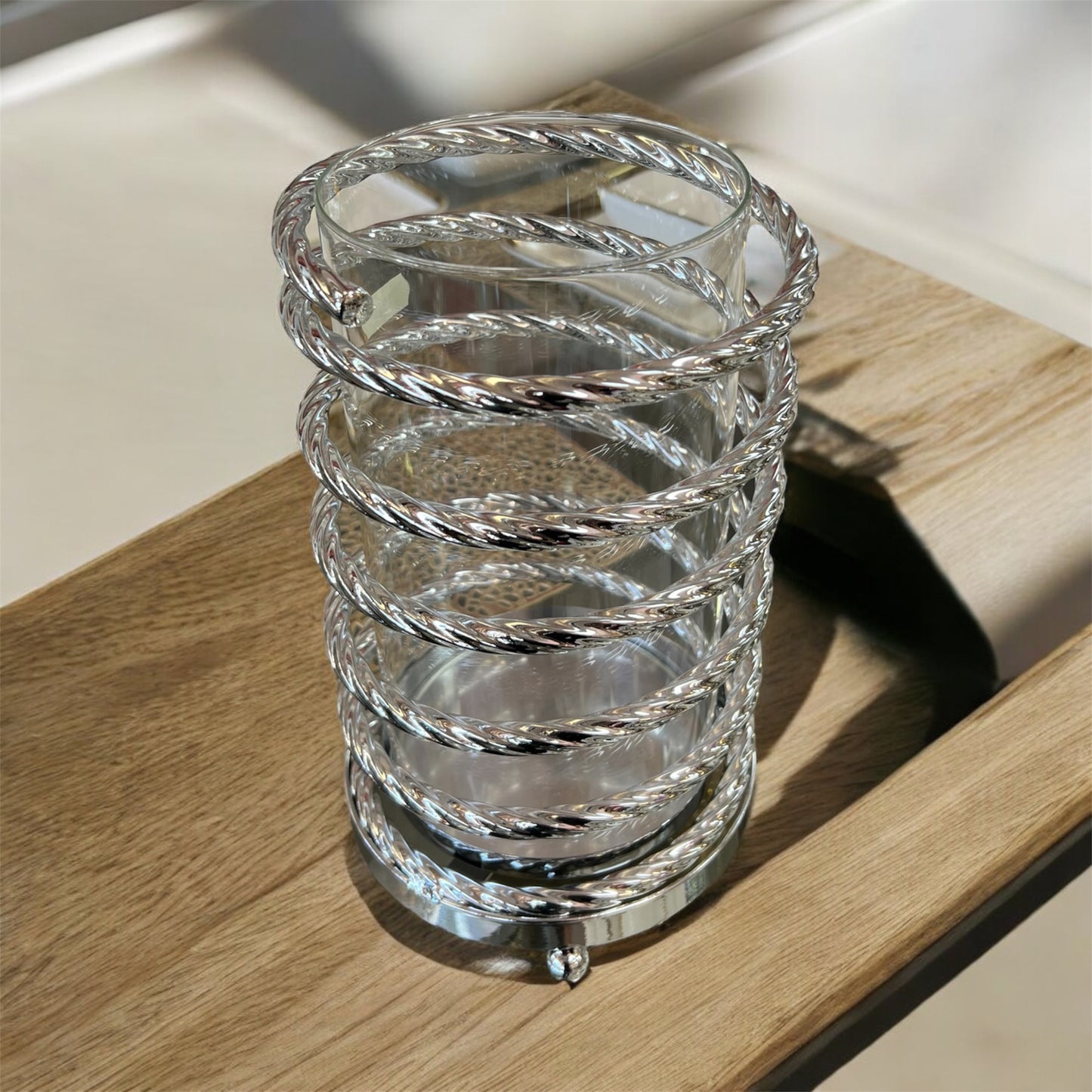 Porta-copos espiral de vidro e dourado (modelo transparente)