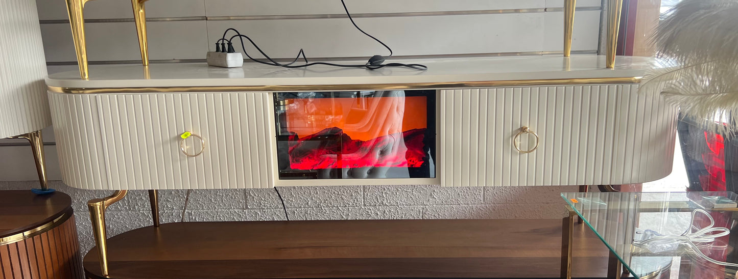 TV table with digital fireplace - WHITE GOLD
