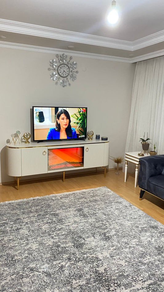 Mesa de TV con chimenea digital - BLANCO CON PANTALLA GRANDE