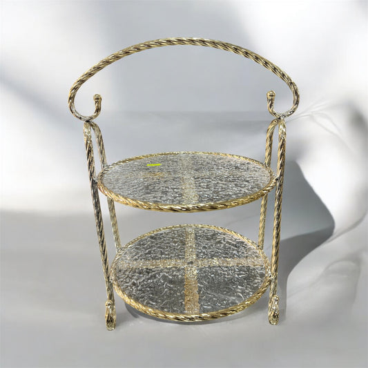 Soporte Decorativo de 2 Niveles con Bandejas de Cristal y Marco Dorado — Elegancia Clásica para tu Hogar