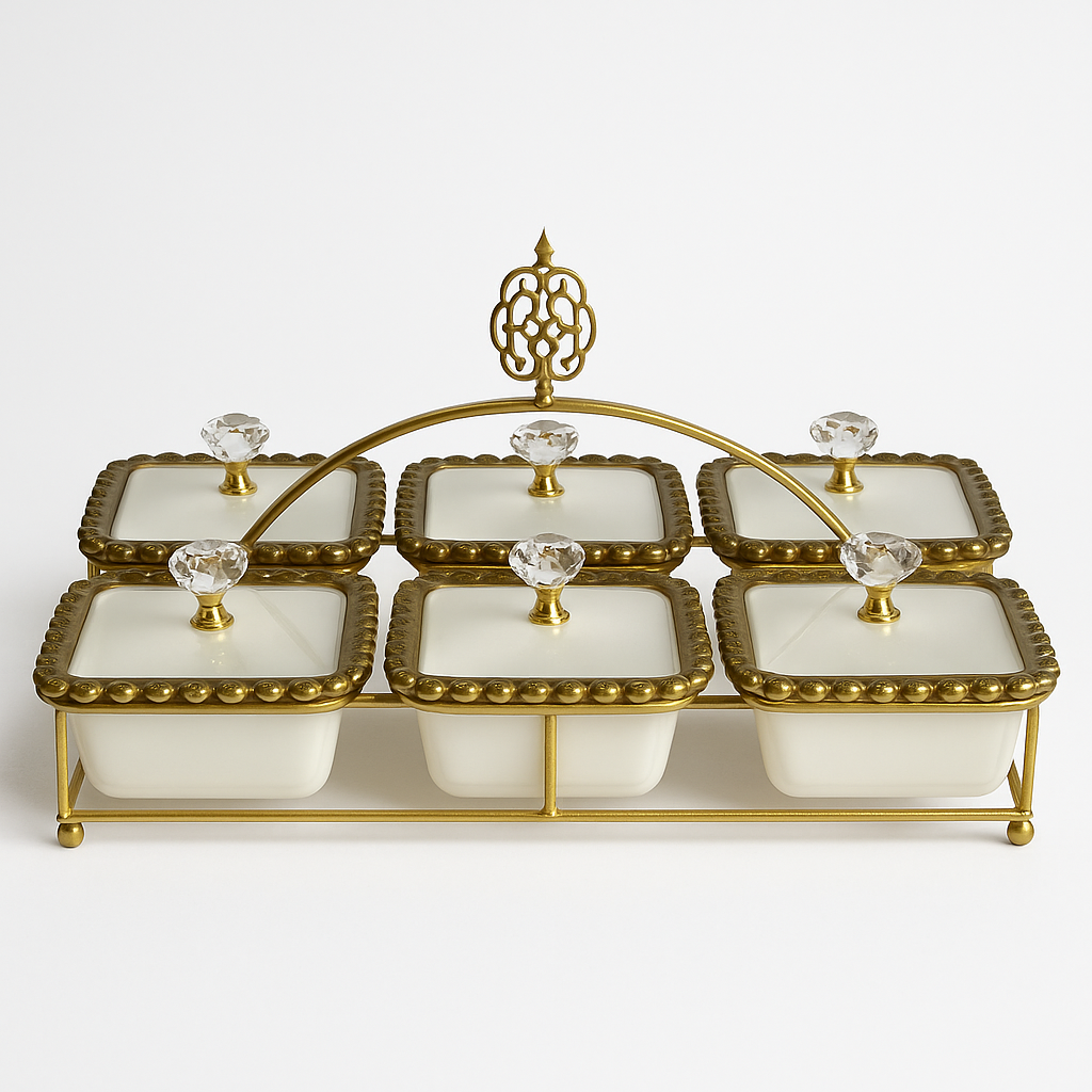 🍯 Set de Condimenteros de 6 Piezas con Bandeja Dorada — Elegancia y Funcionalidad en tu Mesa ✨
