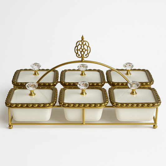 🍯 Set de Condimenteros de 6 Piezas con Bandeja Dorada — Elegancia y Funcionalidad en tu Mesa ✨