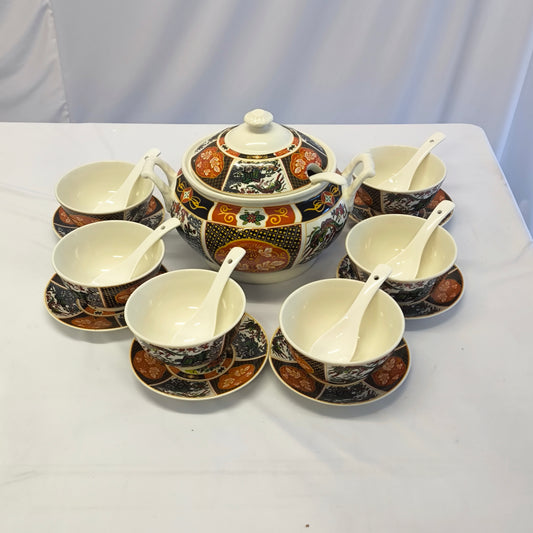 Juego de Sopa Oriental – 3L-Tazón Grande con 6 Bowls, Platos y Cucharas (Diseño Tradicional Asiático)