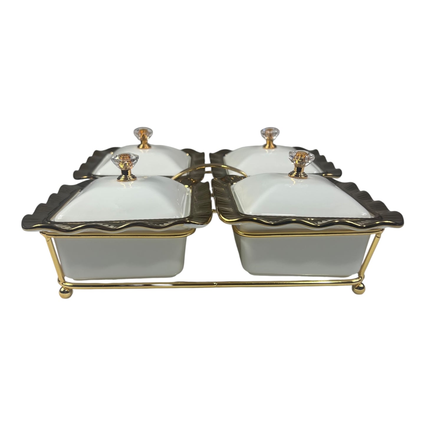 Conjunto de 4 Recipientes com Tampa e Bandeja Dourada – Design Onda com Puxador de Cristal