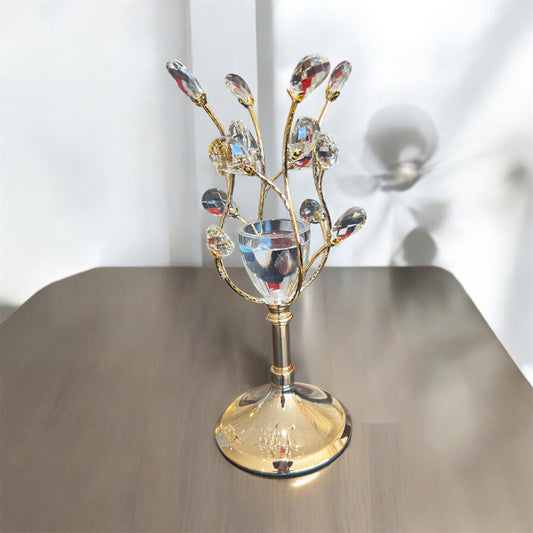 Portavelas de Cristal y Metal Dorado con Diseño de Ramas y Cristales Decorativos