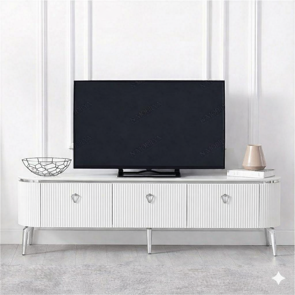 Mueble TV 180 cm Blanco con Detalles Plateados– Bazar Al Madina Home