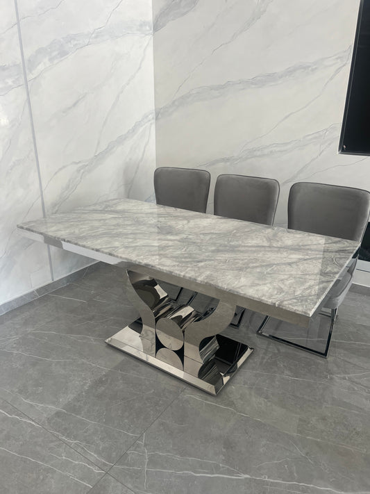 Mesa de Comedor Nara Mármol 160x90 cm – Tapa Efecto Mármol y Base Acero Inoxidable