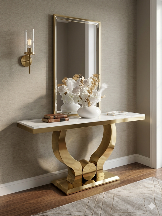 Mesa de entrada con base de mármol blanco 160*45*85" patas dorado acero