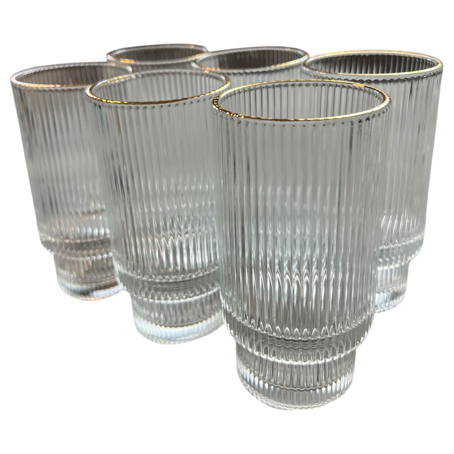 🥂 Set de 6 Vasos Altos con Borde Dorado – Diseño Acanalado de Cristal