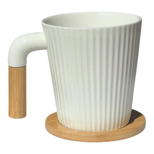 Set de 4 Tazas de Porcelana con Bandeja de Madera y Asa