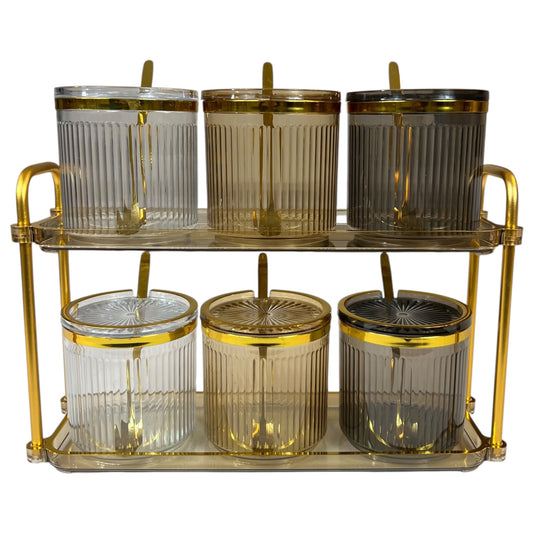 🫙 Set de 6 Tarros con Bandeja Dorada ✨ - plástico