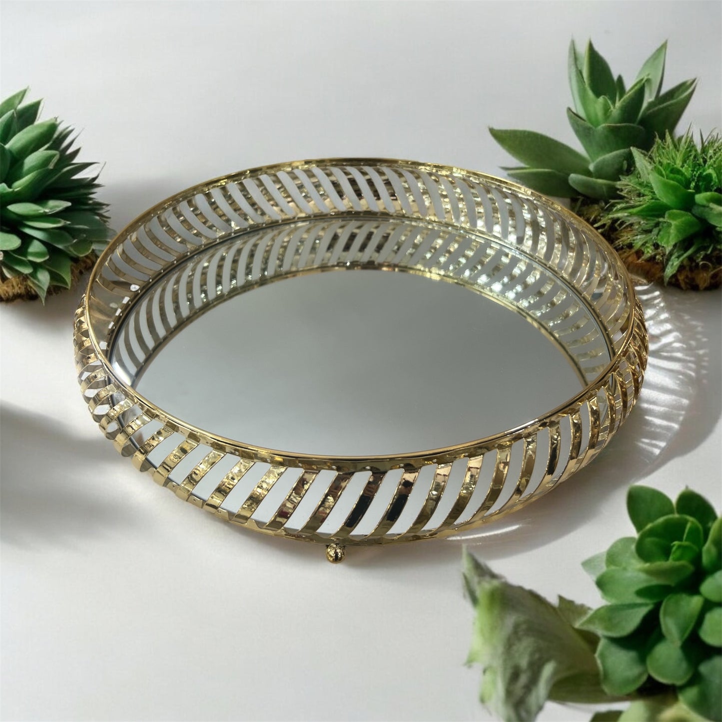 Centro de Mesa Redondo de Metal Dorado con Espejo Decorativo