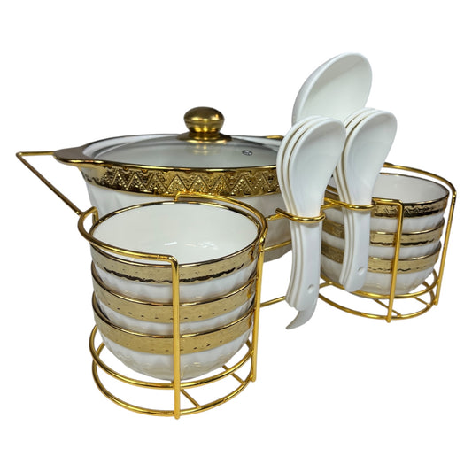 Set de Cocina 16 Piezas con Soporte Metálico – Cazuelas + Cuencos + Cucharas – Estilo Elegante Dorado