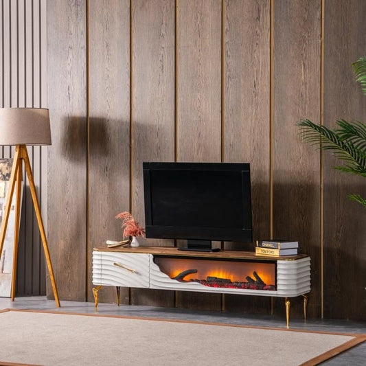 Mesa de TV con chimenea digital - BLANCO BASE DE MADERA CON DETALLES EN DORADO