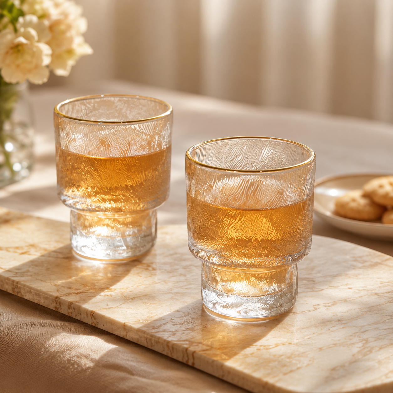 Set de 6 Vasos Nura – Cristal Texturizado con Borde Dorado