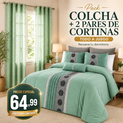 Pack Tóquio VERDE – Colcha + 2 Pares de Cortinas a Juego