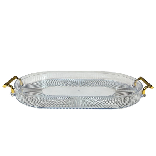 🟠 Bandeja ovalada  Grande con Asas Doradas – Funcionalidad y Estilo en Uno- Plástico TRANSPARENTE