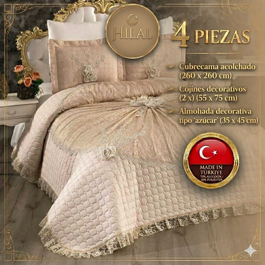 Set de Cama de Lujo "Hilal" – Cubrecama Acolchado con Encaje