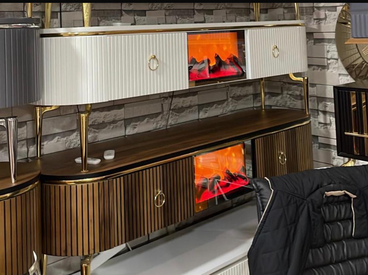 TV table with digital fireplace - WOOD