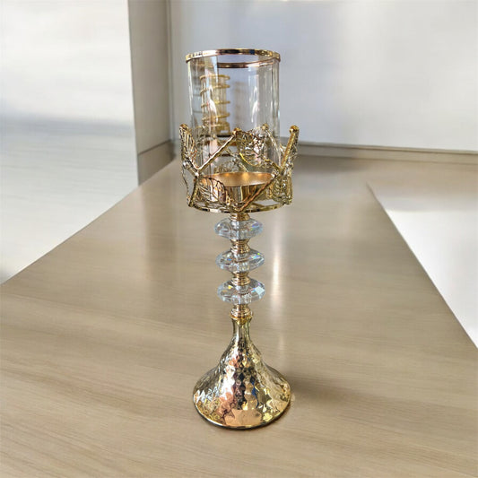 Castiçal alto em vidro e metal dourado com detalhes em folhas – 42 cm