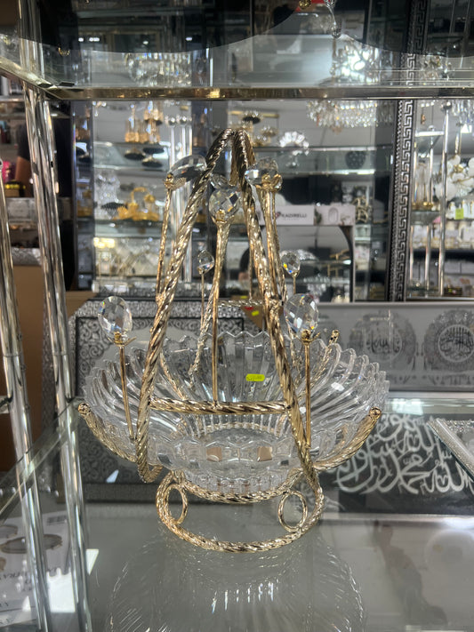 Frutero de Cristal con Asa Dorada y Detalles Decorativos – 28 cm