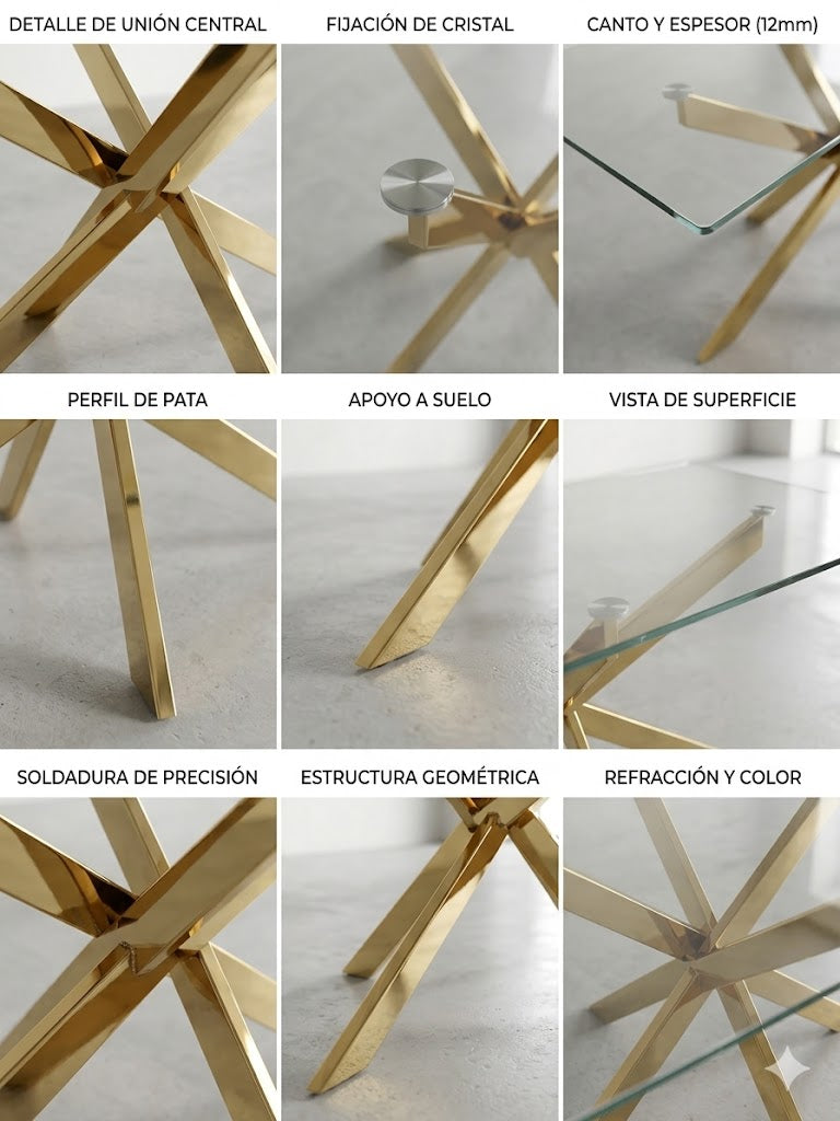 Mesa de Comedor de Diseño Contemporáneo - Cristal y Dorado 160x90x75 Alta calidad