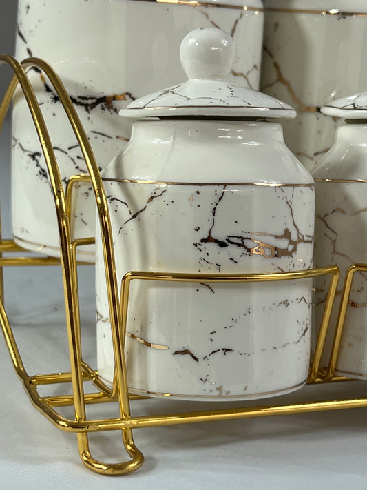 Set de 7 Botes de Cocina Mármol Blanco con Detalles Dorados – Elegancia y Orden