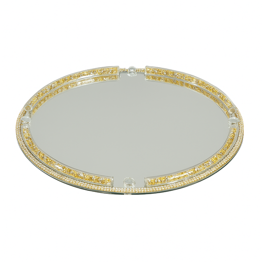 🪞 Bandeja Espejo de Cristal con Borde Dorado y Brillantes