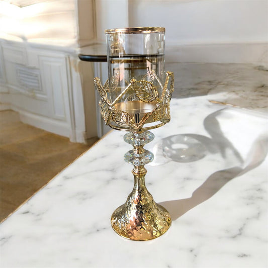 Castiçal em vidro e metal dourado com folhas decorativas – 30 cm