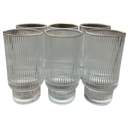 🥂 Set de 6 Vasos Altos con Borde Dorado – Diseño Acanalado de Cristal
