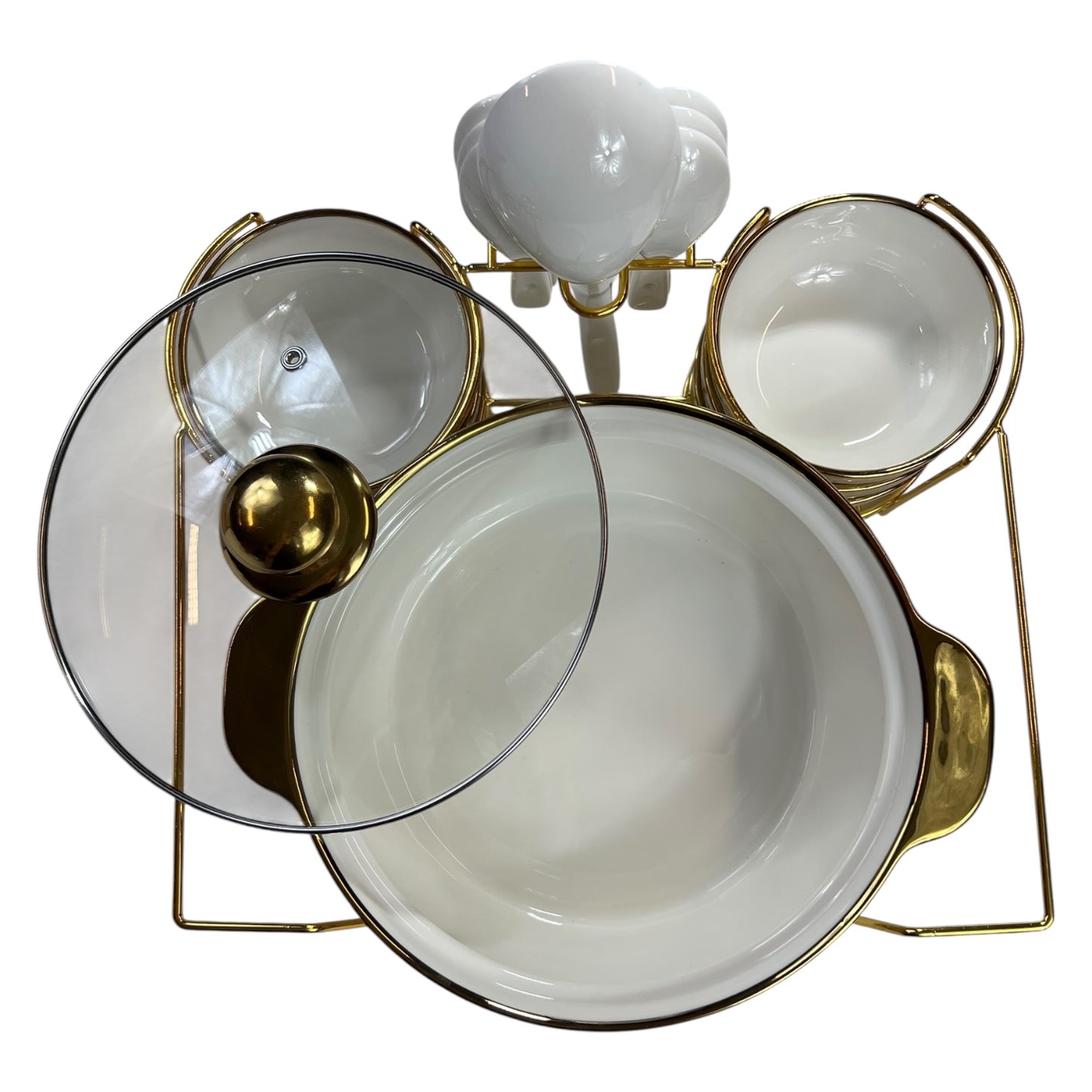 Conjunto de cozinha de 16 peças com suporte de metal – Caçarolas + Tigelas + Colheres – Estilo dourado elegante