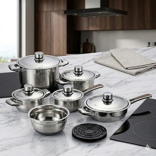 🥘 Bateria de Cozinha Premium de Aço Inoxidável com Controlo de Temperatura – 9 Peças