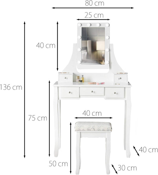 Tocador elegante blanco con taburete espejo led