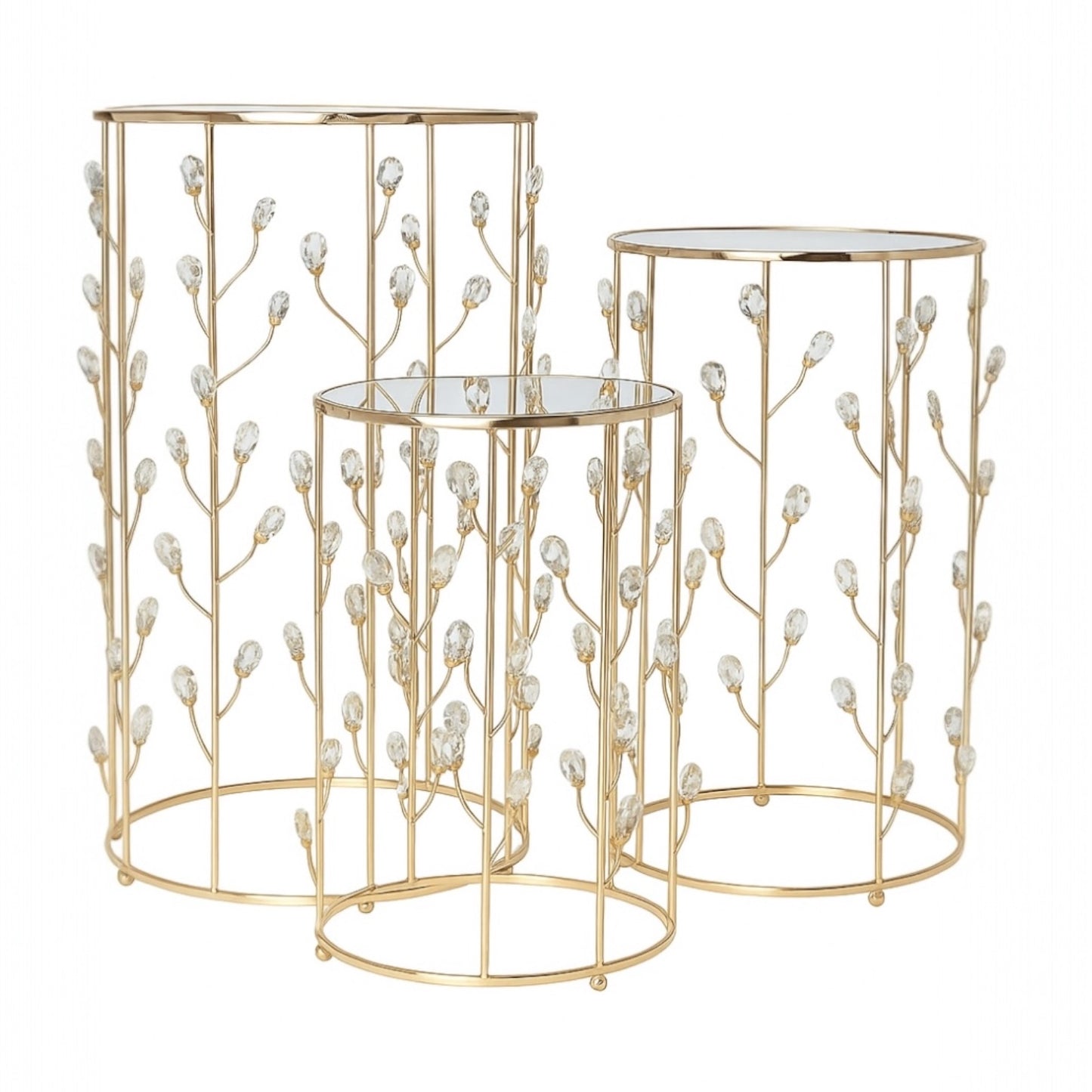 ✨ Set de 3 Mesas Decorativas de Lujo – Dorado con Cristales y Superficie de Espejo 🪞