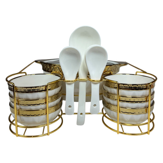 Set de Cocina 16 Piezas con Soporte Metálico – Cazuelas + Cuencos + Cucharas – Estilo Elegante Dorado