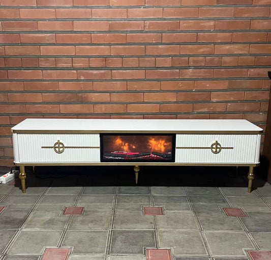 Mesa de TV con chimenea digital ASEL - COLOR BLANCO CON DETALLES EN DORADO