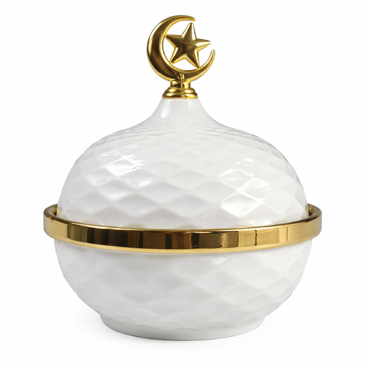 Caja Decorativa Árabe con Tapa Luna y Estrella Dorada 🌙⭐ Cerámica Blanca de Lujo