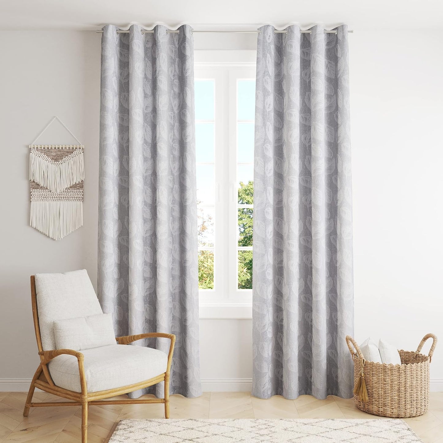 Cortinas Opacas de Poliéster Modelo Hojas 140x260cm - 1 Pieza, Elegantes y Modernas - Color Gris
