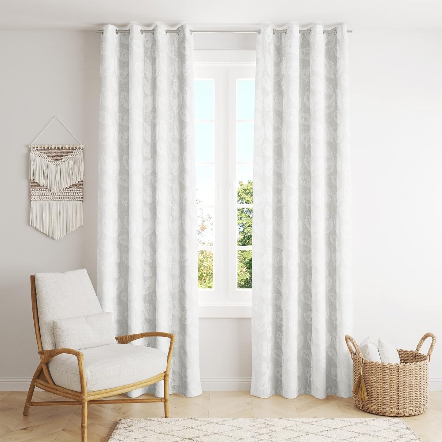 Polyester Blackout Curtains, Leaf Pattern, 140x260cm - 1 Piece, Elegant and Modern - White