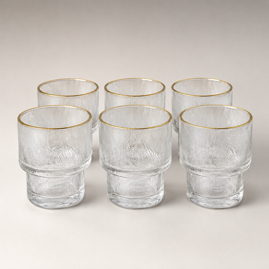 Set de 6 Vasos Nura – Cristal Texturizado con Borde Dorado