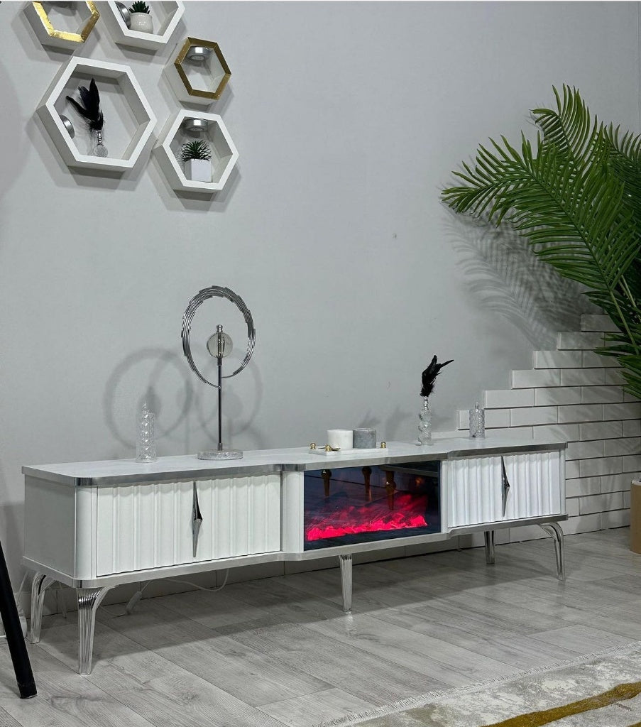Mesa de TV con chimenea digital - COLOR BLANCO CON DETALLES EN PLATEADO