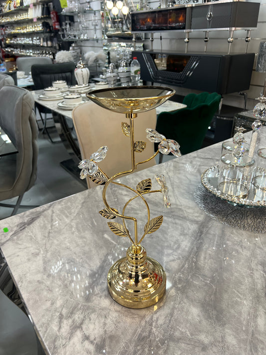 Portavelas de Metal Dorado y Cristal con Diseño Floral Elegante