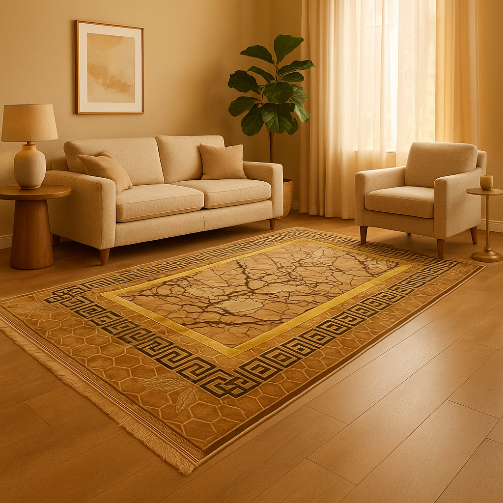 Alfombra Clásica Beige y detalles Dorados con Cenefa Negra de Inspiración Oriental – Estilo Árabe
