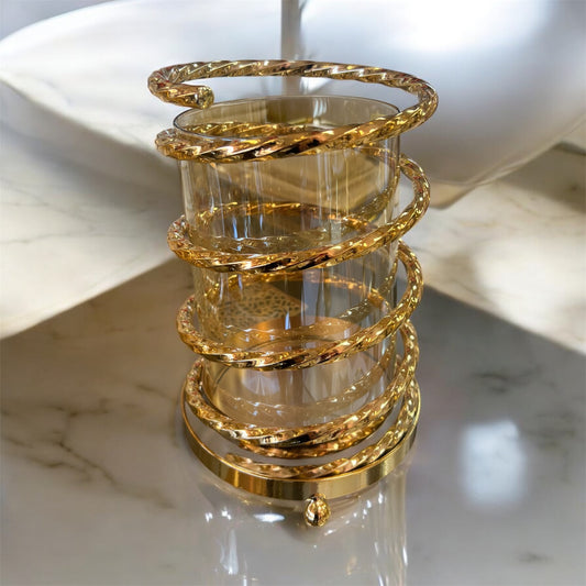 🕯️ Portavelas Decorativo Espiral Dorado con Vaso de Cristal 🕯️