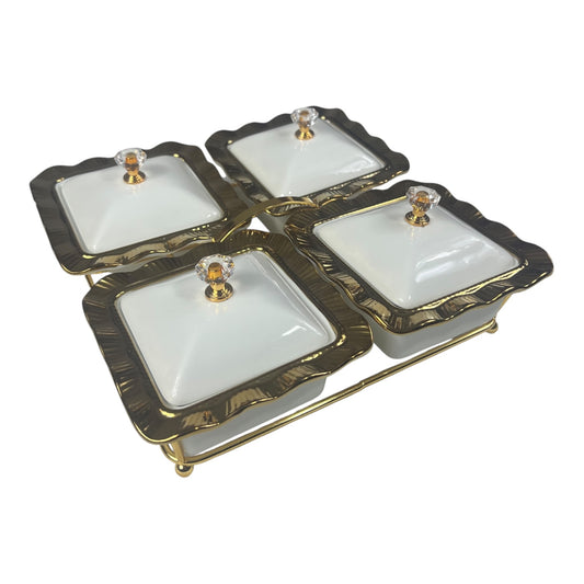 Set de 4 Recipientes con Tapa y Bandeja Dorada – Diseño Ondulado con Perilla Cristalina