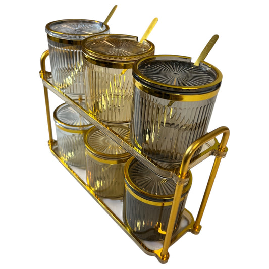 🫙 Set de 6 Tarros con Bandeja Dorada ✨ - plástico