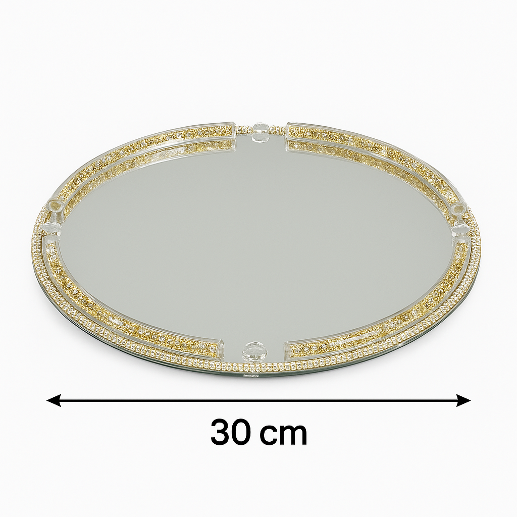 🪞 Bandeja Espejo de Cristal con Borde Dorado y Brillantes