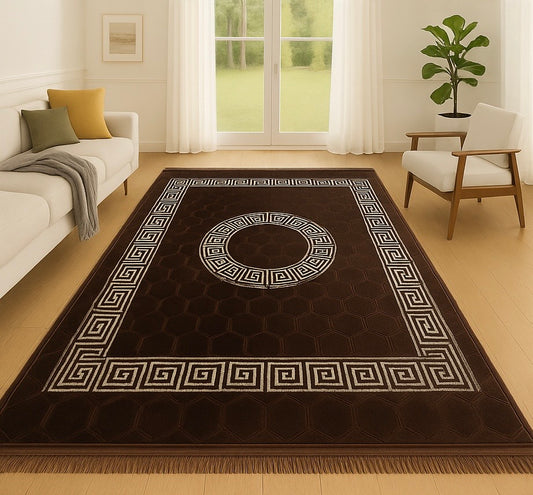 Alfombra Clásica Marrón con Cenefa Blanca de Inspiración Oriental – Estilo Árabe