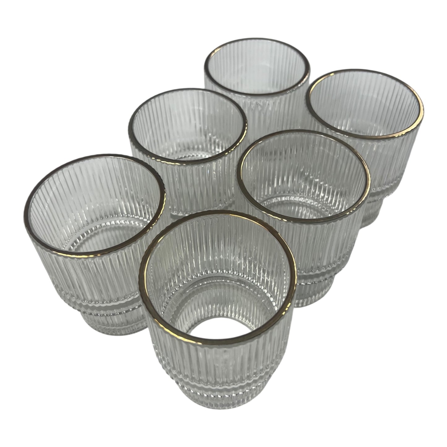 🥃 Conjunto de 6 Copos de Vidro com Design Canelado e Bordas Douradas – Elegância para sua Mesa